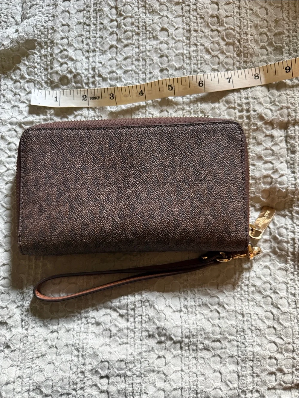 Michael Kors Brown Signature Wristlet Zip Wallet with Gold Logo